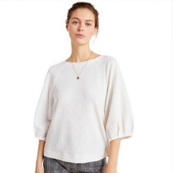 ANTHROPOLOGIE | Puffed Dolman Sleeve Textured Soft Comfy Top Ivory White Sz XS - Picture 1 of 13